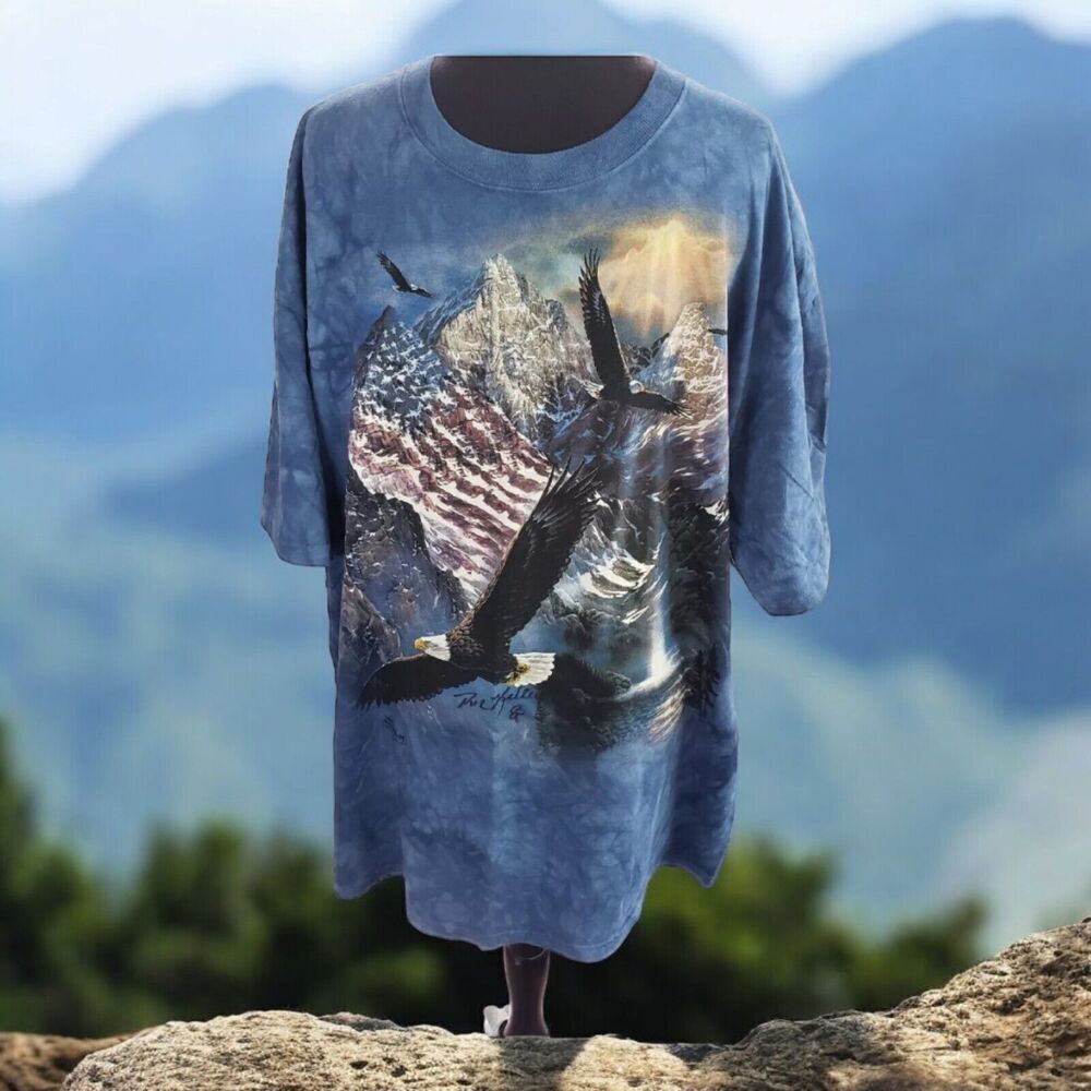 The Mountain Rick Kelley USA Bald Eagle Tee Shirt Flag Statue Liberty XL Signed